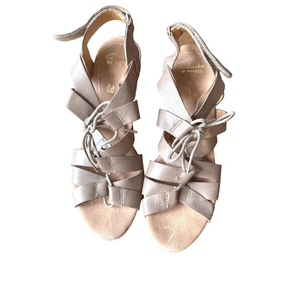 Clarks Helio Mindin Wedge Sandals Womens 10 Taupe Cork Strappy Open Toe Comfort - Picture 4 of 14